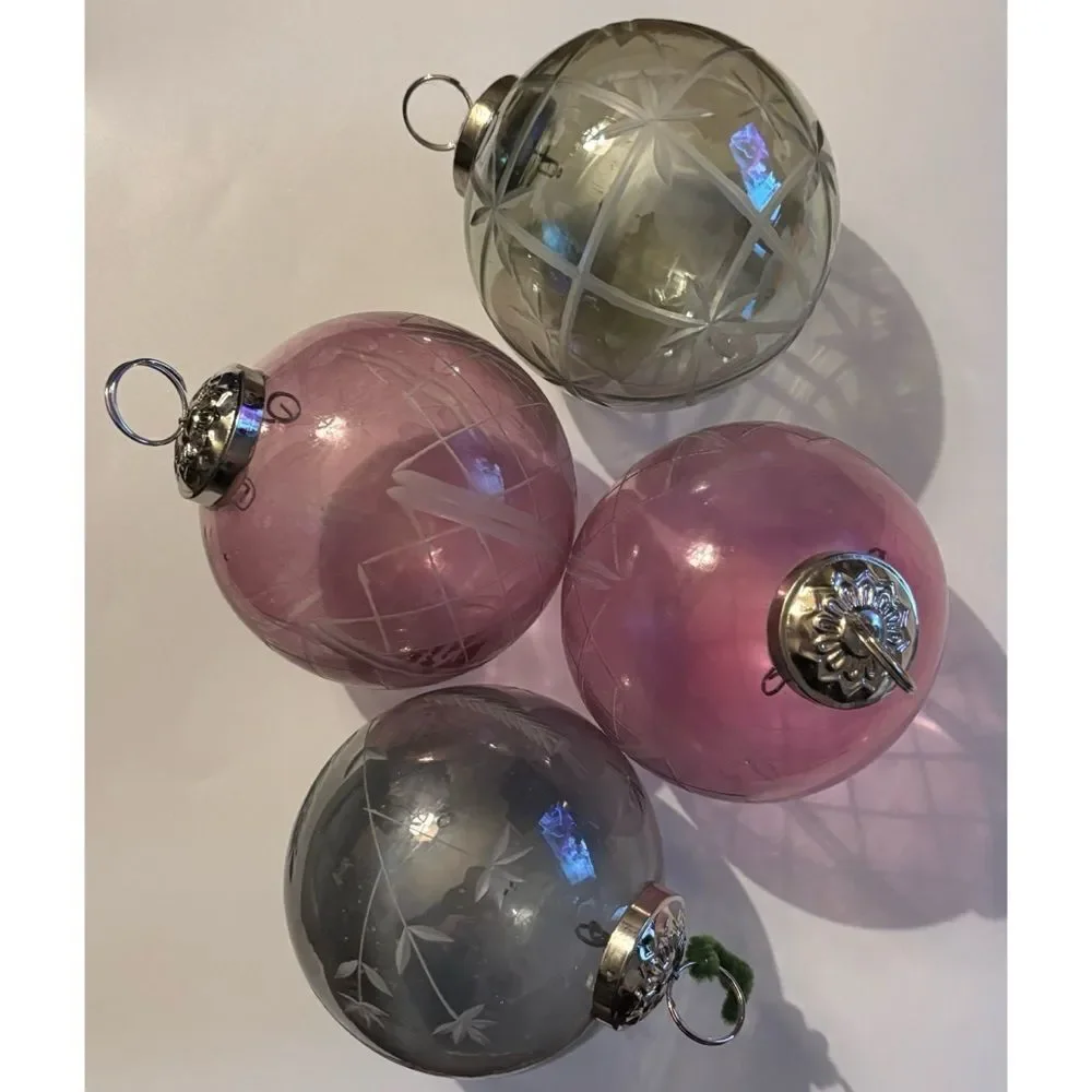Vintage Pottery Barn Etched Glass Large Holiday Ornaments Set of 4
